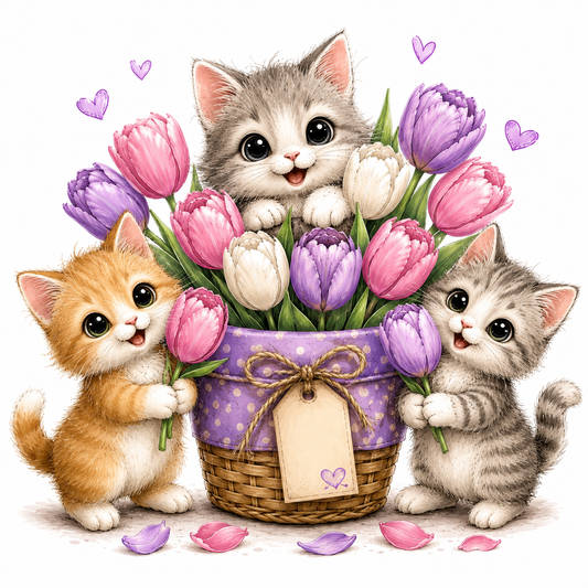 Simonx Cute Kitten Tulip Basket Clipart PNG | Pastel Watercolor Cat Digital Download