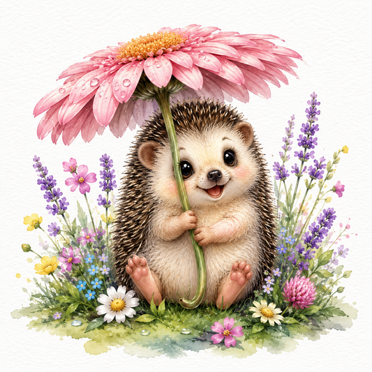 Simonx Cute Hedgehog Flower Umbrella Clipart PNG | Whimsical Watercolor Digital Download